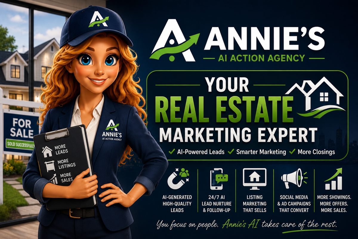Annie's AI Action Agency: your real estate marketing expert. AI-powered leads, smarter marketing, more closings, 24/7 AI lead nurture and follow-up, listing marketing that sells, social media and ad campaigns that convert.