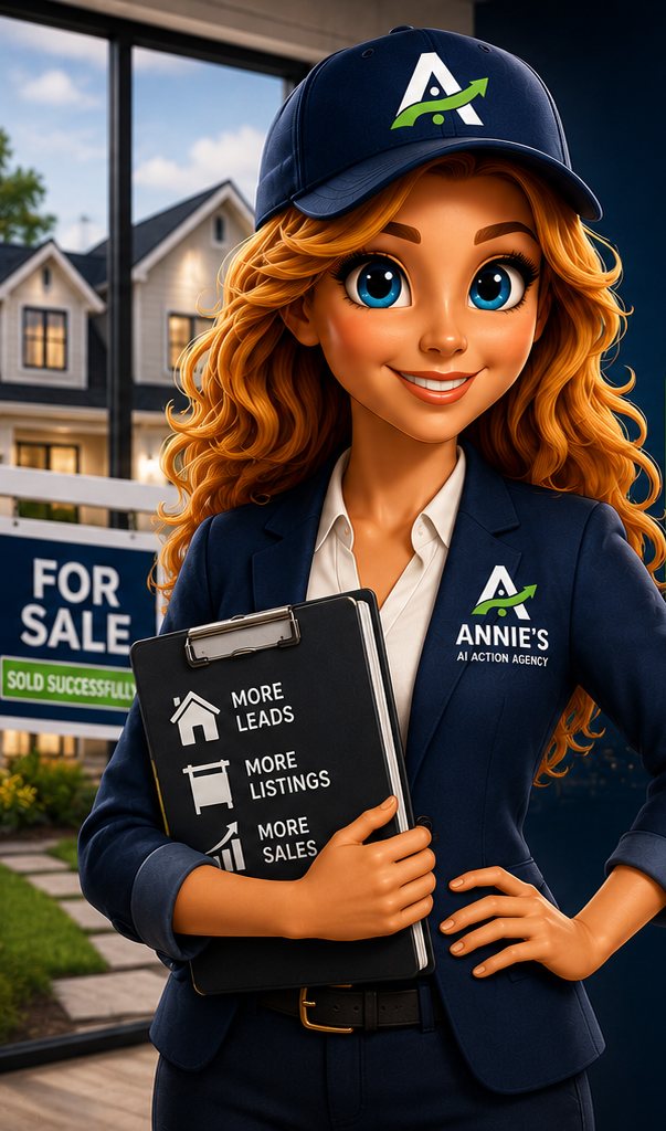 Annie of Annie's Action AI, in a navy blazer and cap, holding a clipboard reading More Leads, More Listings, More Sales in front of a sold home.